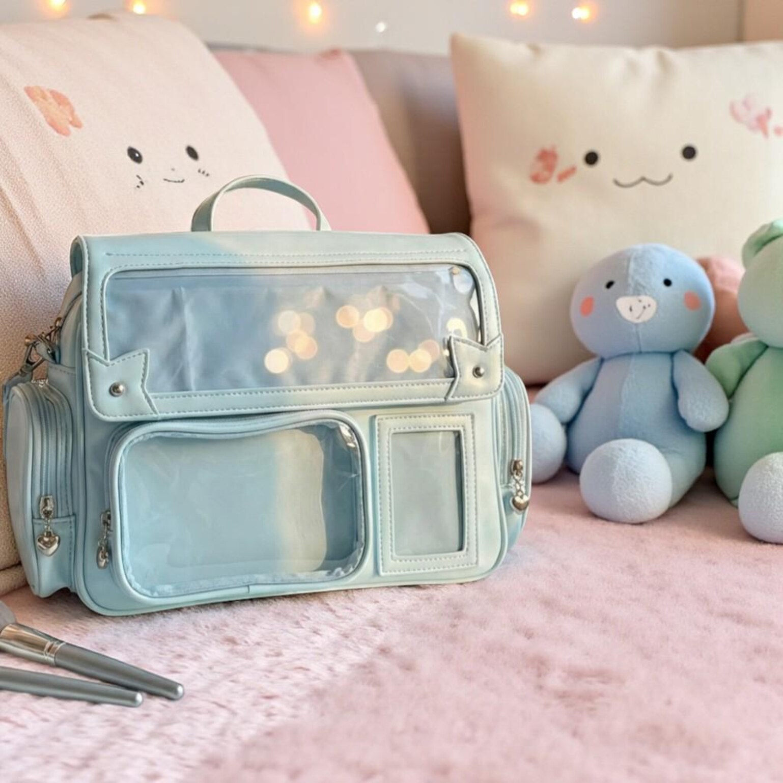 Blue Kawaii Pastel Convertible Ita Bag for Pin Display Blue Kawaii Pastel Convertible Ita Bag for Pin Display — ita bag detail view