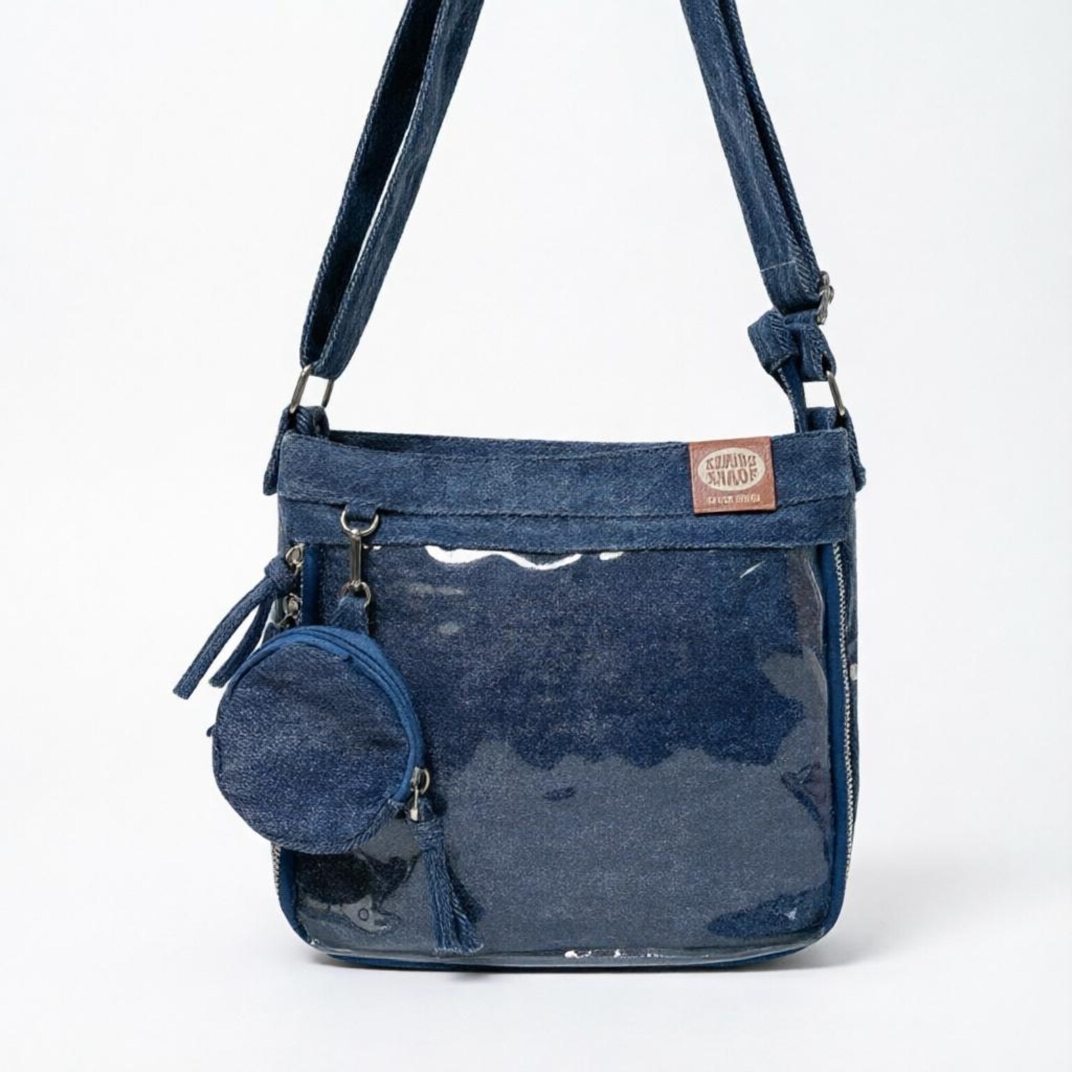 Blue Y2K Ita Messenger Bag with Clear Window for Plushies and Pins Blue Y2K Ita Messenger Bag with Clear Window for Plushies and Pins — ita bag detail view