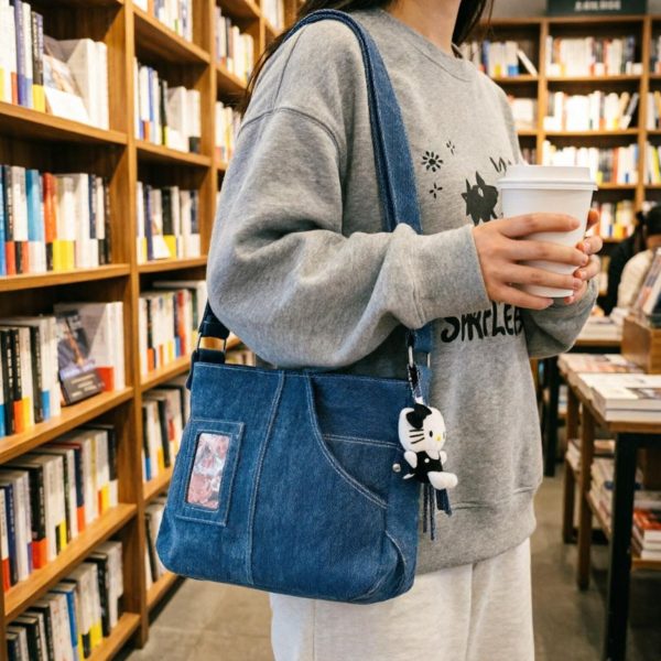 Blue Y2K Ita Messenger Bag with Clear Window for Plushies and Pins — ita bag detail view