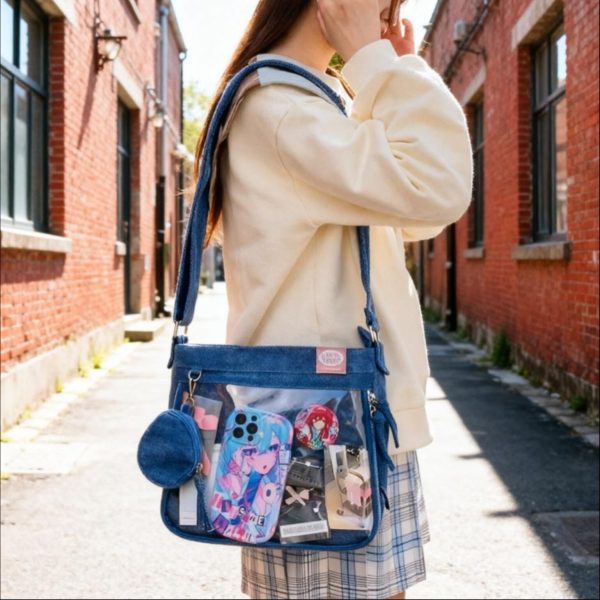 Blue Y2K Ita Messenger Bag with Clear Window for Plushies and Pins — ita bag detail view
