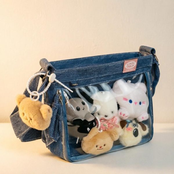 Blue Y2K Ita Messenger Bag with Clear Window for Plushies and Pins — ita bag detail view