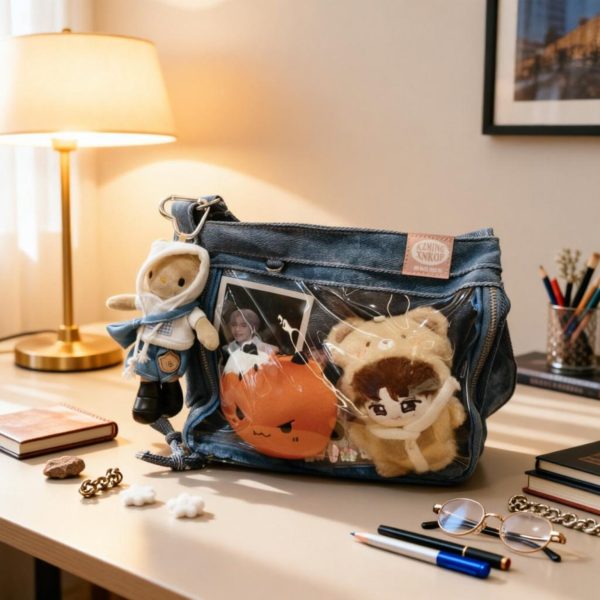 Blue Y2K Ita Messenger Bag with Clear Window for Plushies and Pins — ita bag detail view