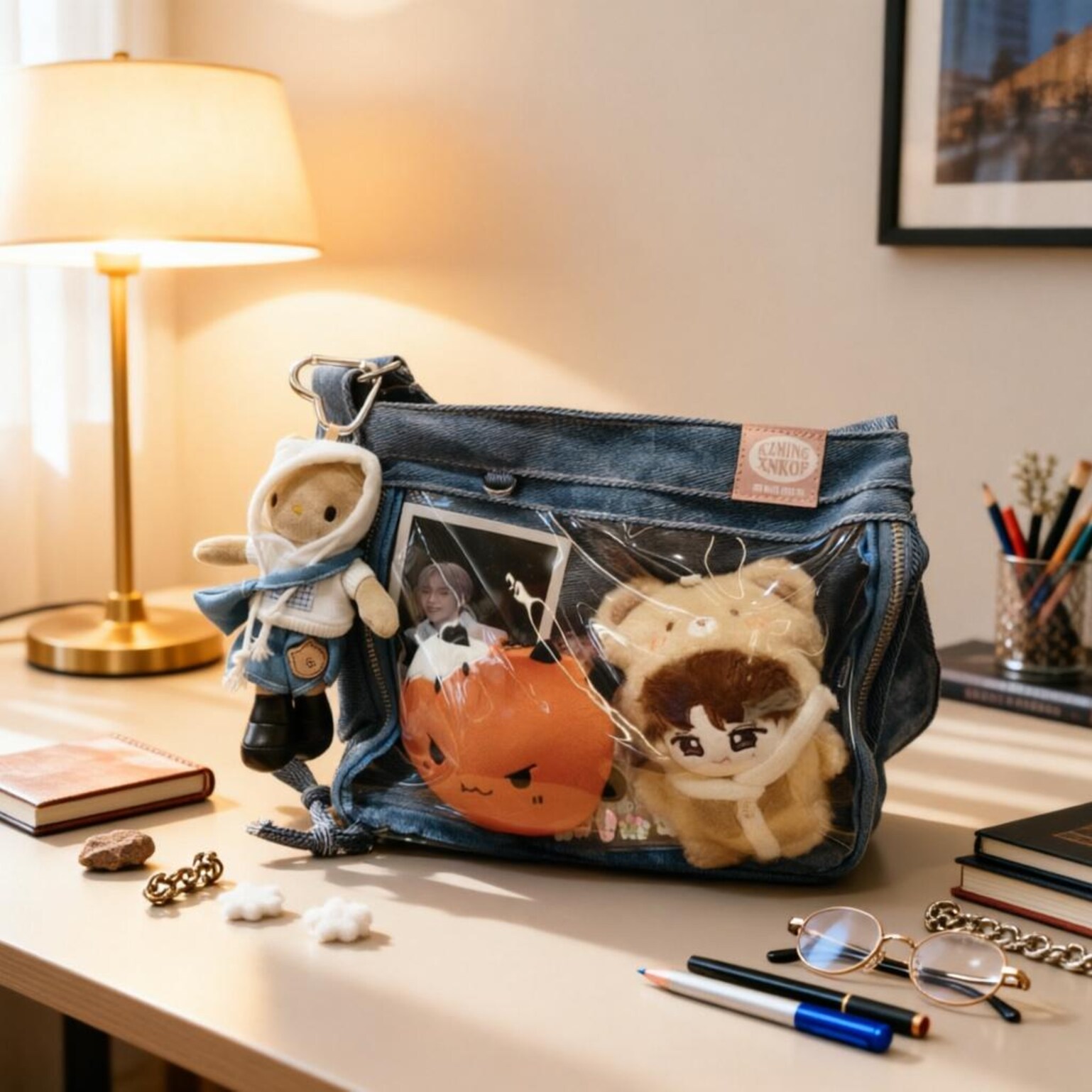 Blue Y2K Ita Messenger Bag with Clear Window for Plushies and Pins Blue Y2K Ita Messenger Bag with Clear Window for Plushies and Pins — ita bag detail view