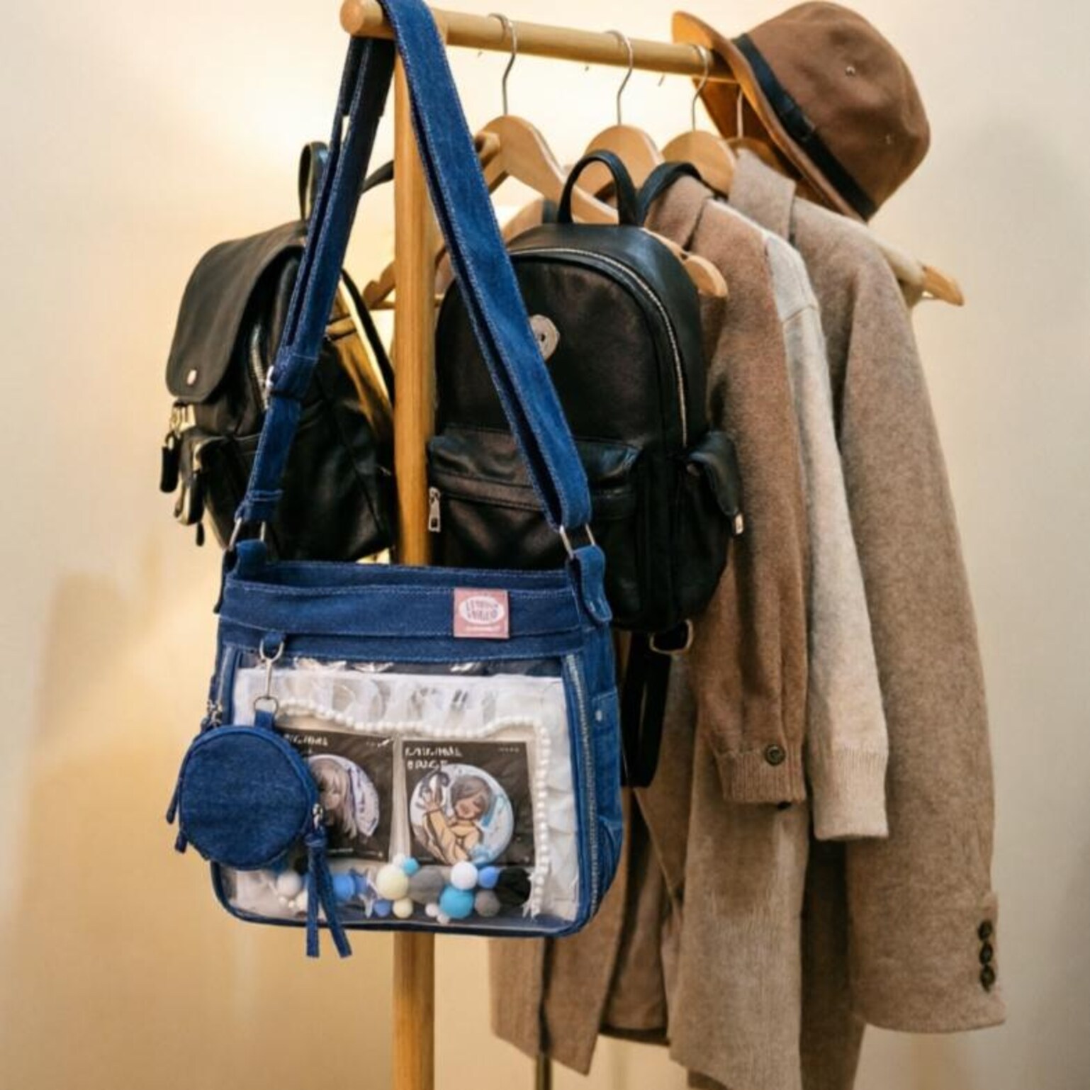 Blue Y2K Ita Messenger Bag with Clear Window for Plushies and Pins Blue Y2K Ita Messenger Bag with Clear Window for Plushies and Pins — ita bag detail view