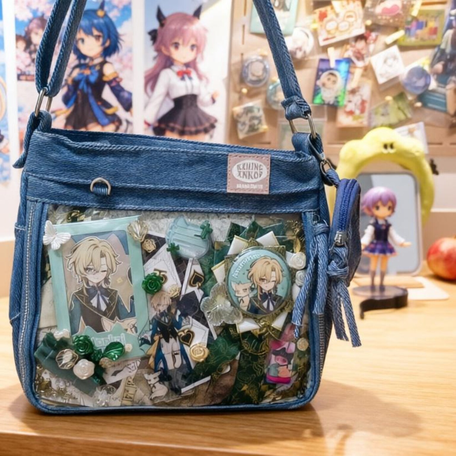 Blue Y2K Ita Messenger Bag with Clear Window for Plushies and Pins Blue Y2K Ita Messenger Bag with Clear Window for Plushies and Pins — ita bag detail view