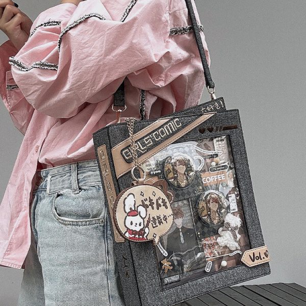 Book Convertible Ita Bag with Clear Window for Pin Display — ita bag detail view