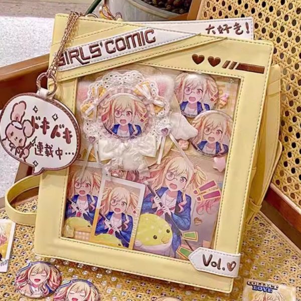 Book Convertible Ita Bag with Clear Window for Pin Display — ita bag detail view
