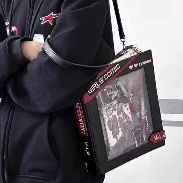 Book Convertible Ita Bag with Clear Window for Pin Display — ita bag detail view