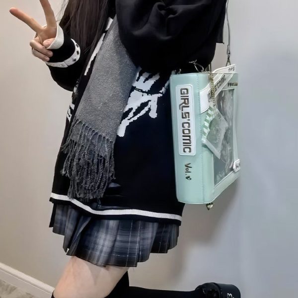 Book Convertible Ita Bag with Clear Window for Pin Display — ita bag detail view