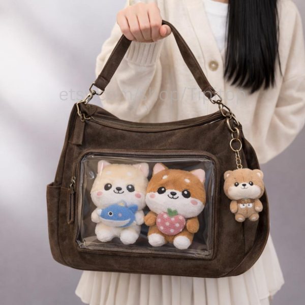 Brown Kawaii Ita Crossbody Bag for Plushies and Pins — crossbody ita bag with clear display window