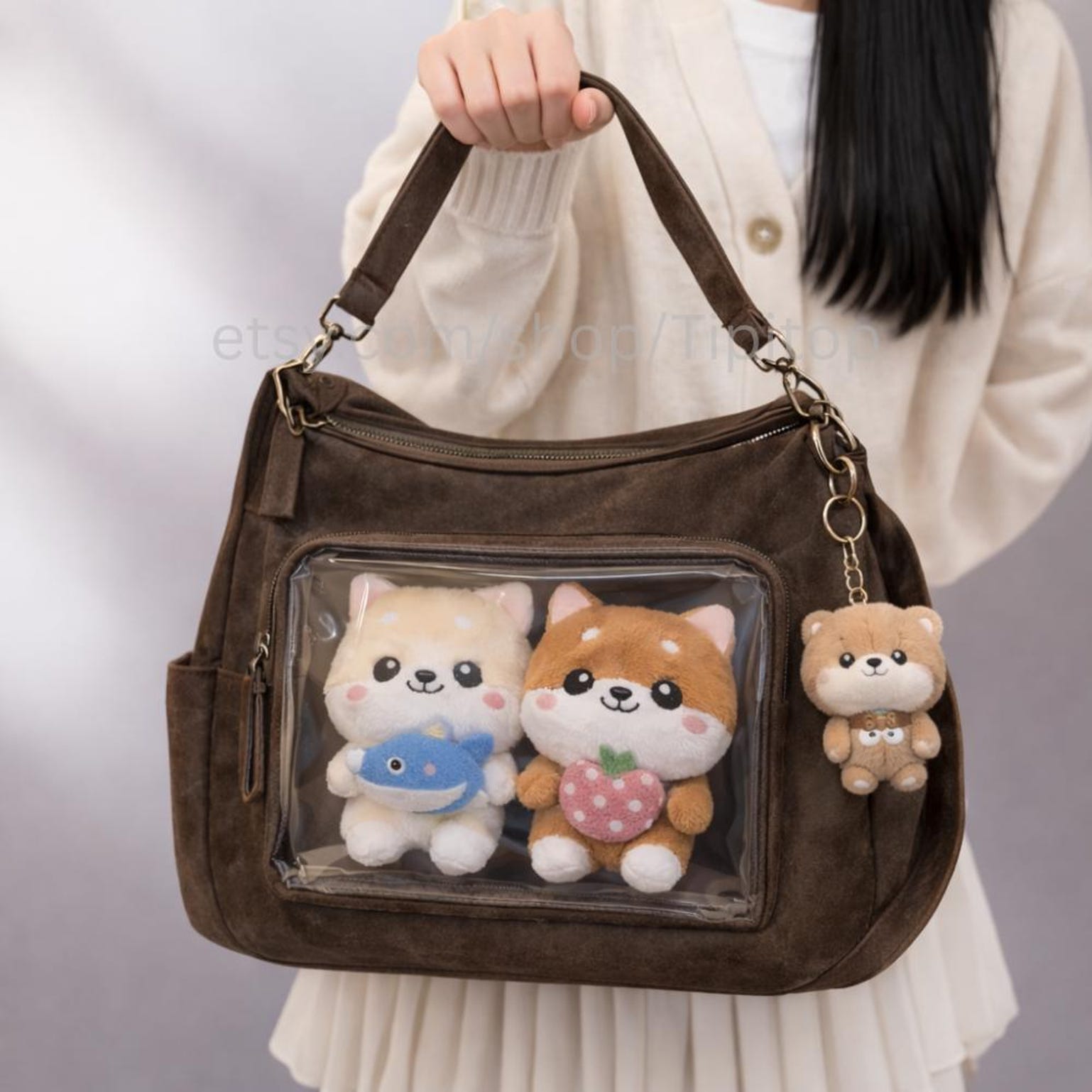 Brown Kawaii Ita Crossbody Bag for Plushies and Pins Brown Kawaii Ita Crossbody Bag for Plushies and Pins — crossbody ita bag with clear display window