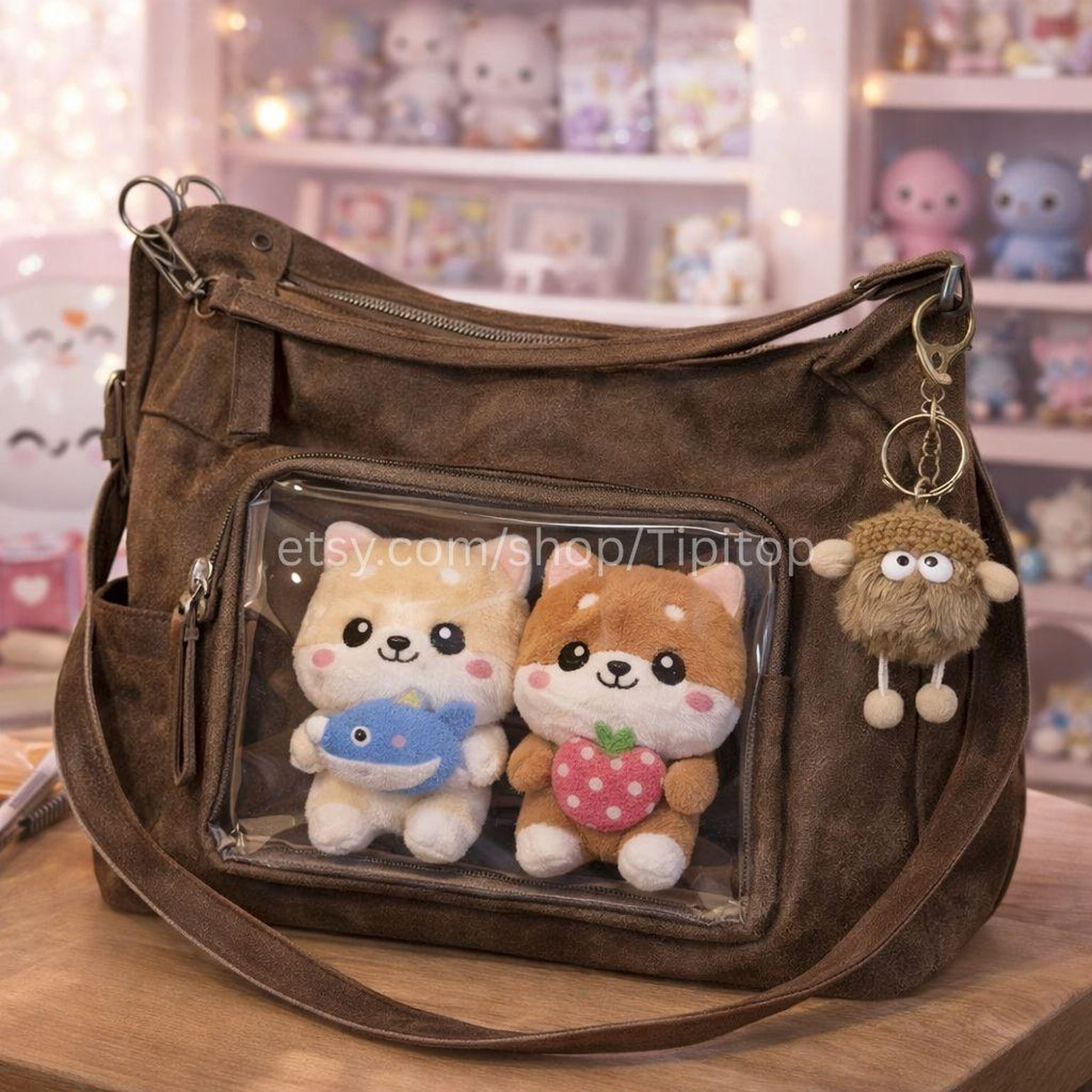 Brown Kawaii Ita Crossbody Bag for Plushies and Pins Brown Kawaii Ita Crossbody Bag for Plushies and Pins — crossbody ita bag detail view