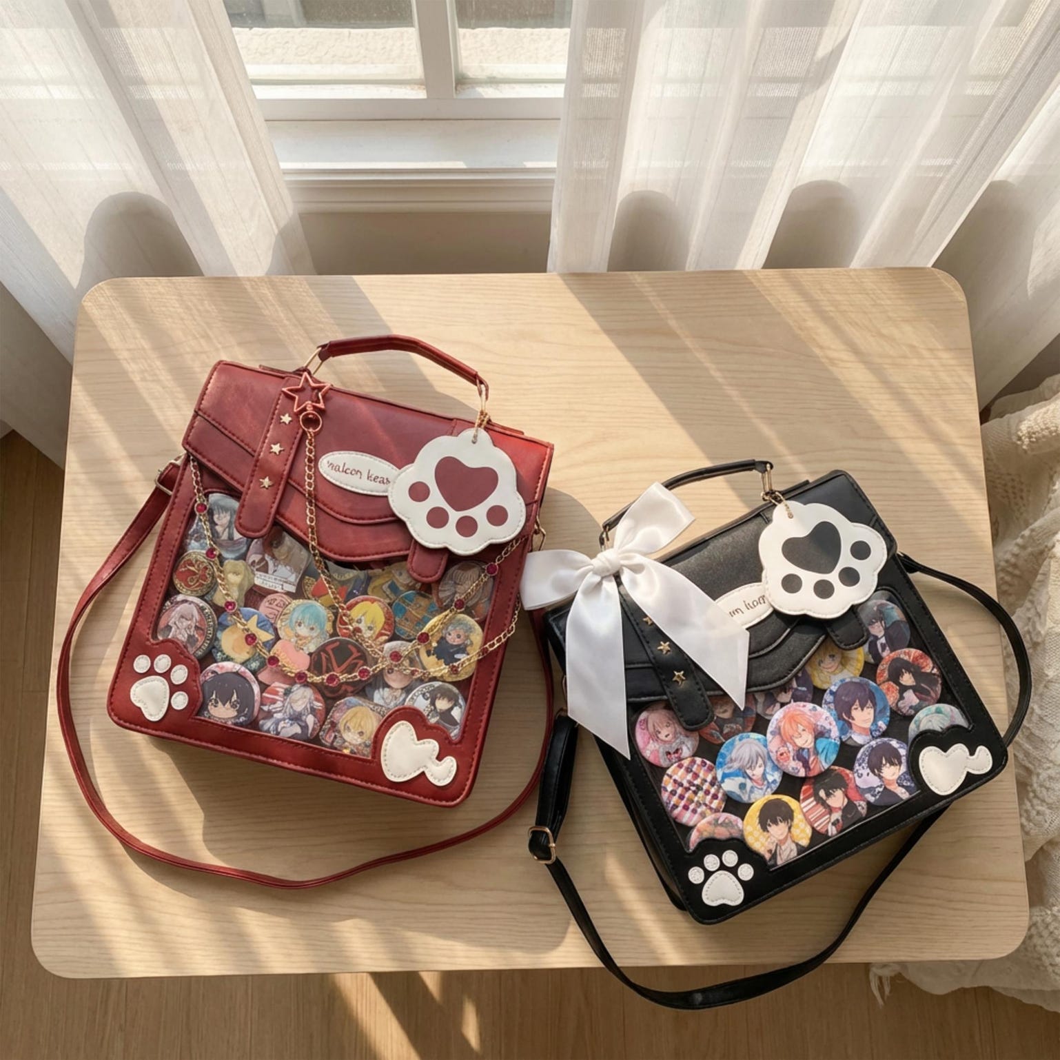 Cat Convertible Ita Bag with Clear Window for Pin Display Cat Convertible Ita Bag with Clear Window for Pin Display — ita bag detail view