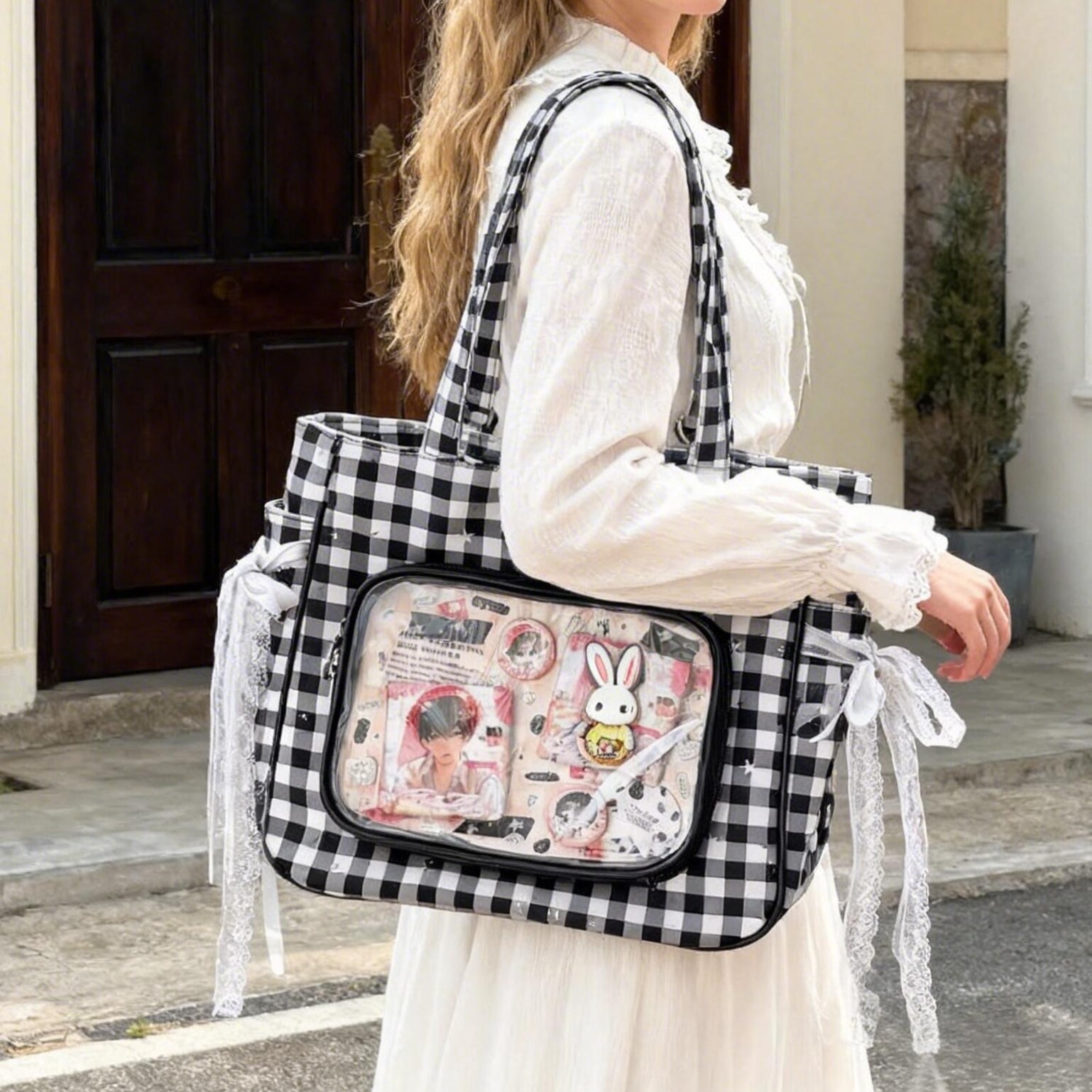 Checkerboard Lace Ita Shoulder Bag for Pin Display Checkerboard Lace Ita Shoulder Bag for Pin Display — crossbody ita bag with clear display window