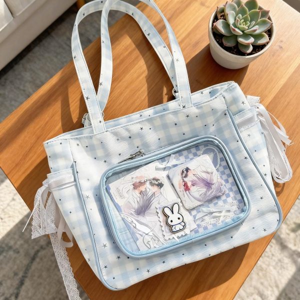 Checkerboard Lace Ita Shoulder Bag for Pin Display — crossbody ita bag detail view