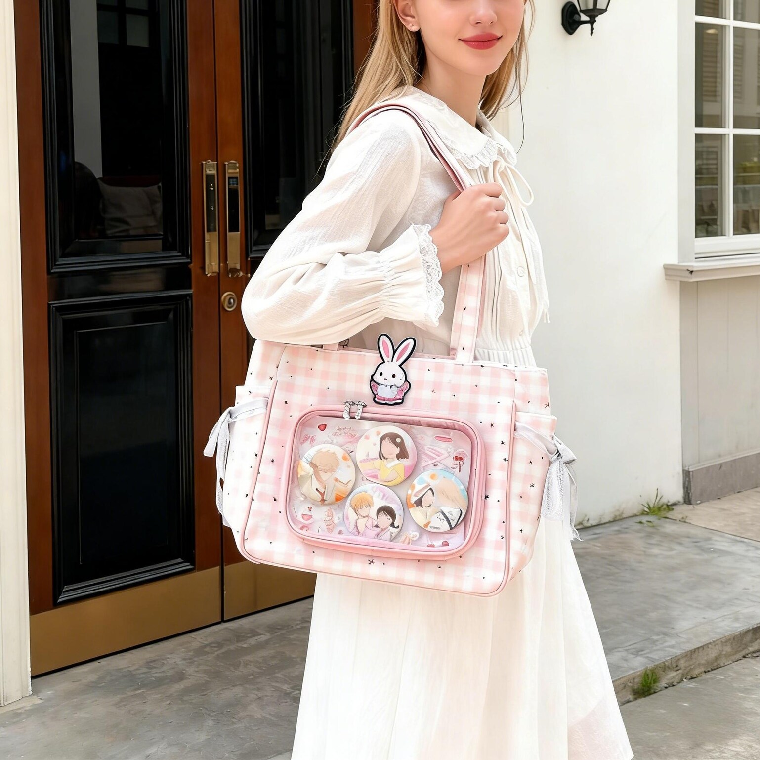 Checkerboard Lace Ita Shoulder Bag for Pin Display Checkerboard Lace Ita Shoulder Bag for Pin Display — crossbody ita bag detail view