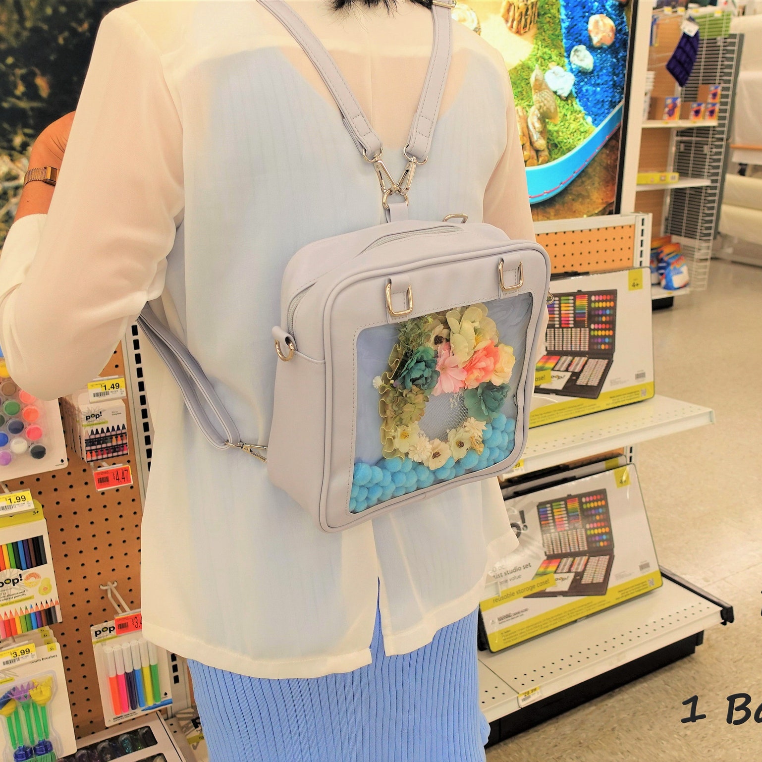 Convertible Ita Bag with Clear Window for Pin Display Convertible Ita Bag with Clear Window for Pin Display — ita bag detail view