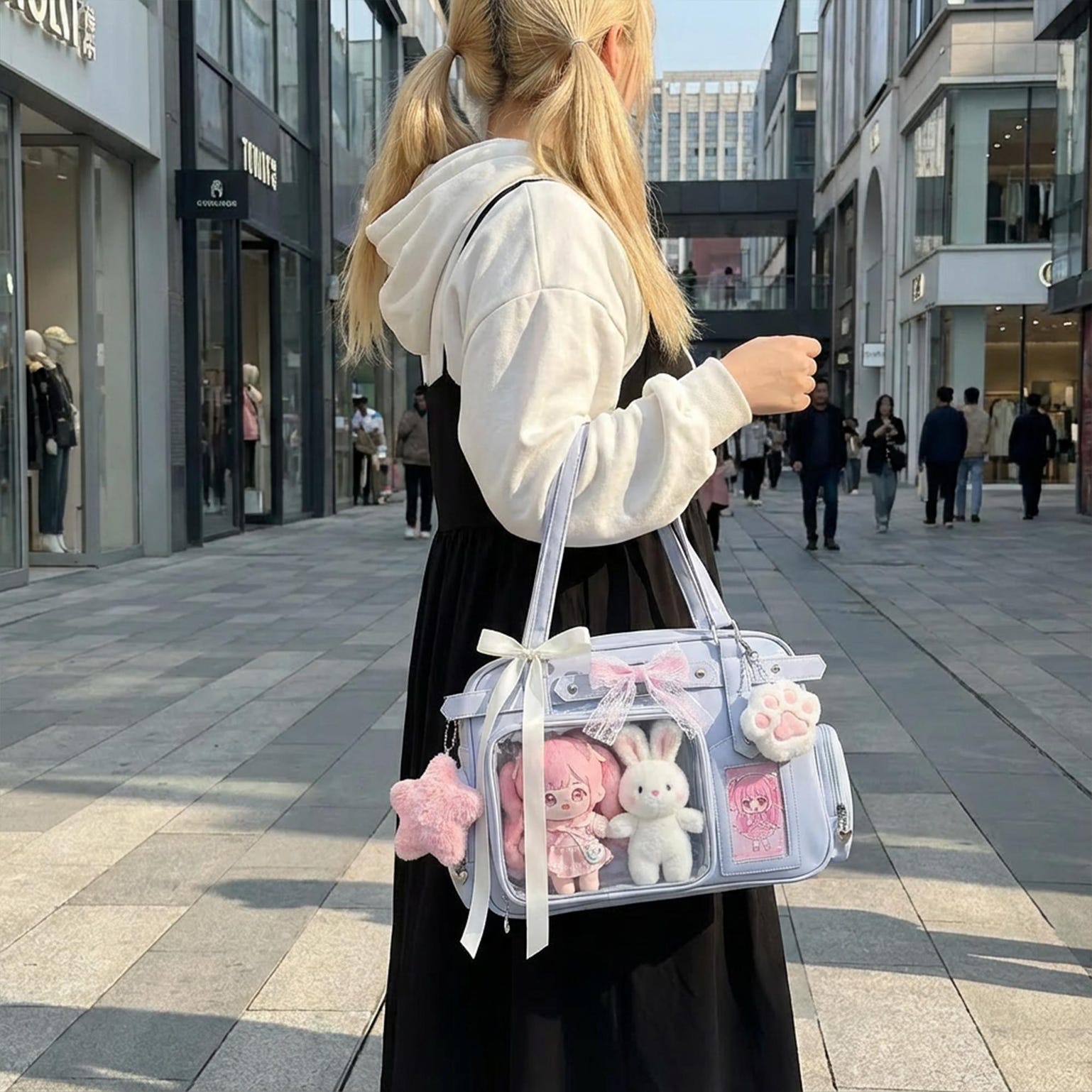Convertible Ita Bag with Clear Window for Plushies and Pins Convertible Ita Bag with Clear Window for Plushies and Pins — ita bag detail view