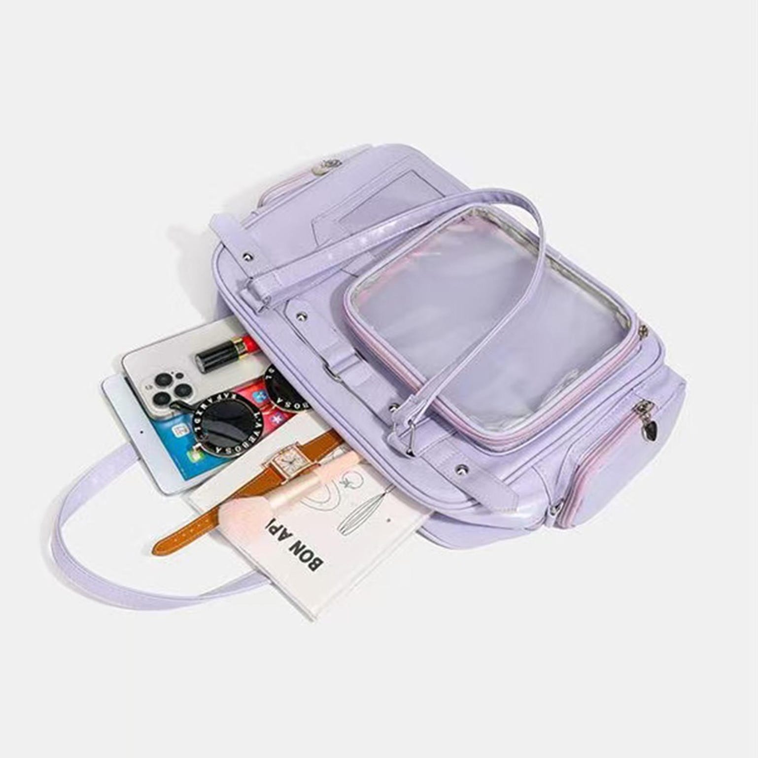 Convertible Ita Bag with Clear Window for Plushies and Pins Convertible Ita Bag with Clear Window for Plushies and Pins — ita bag detail view