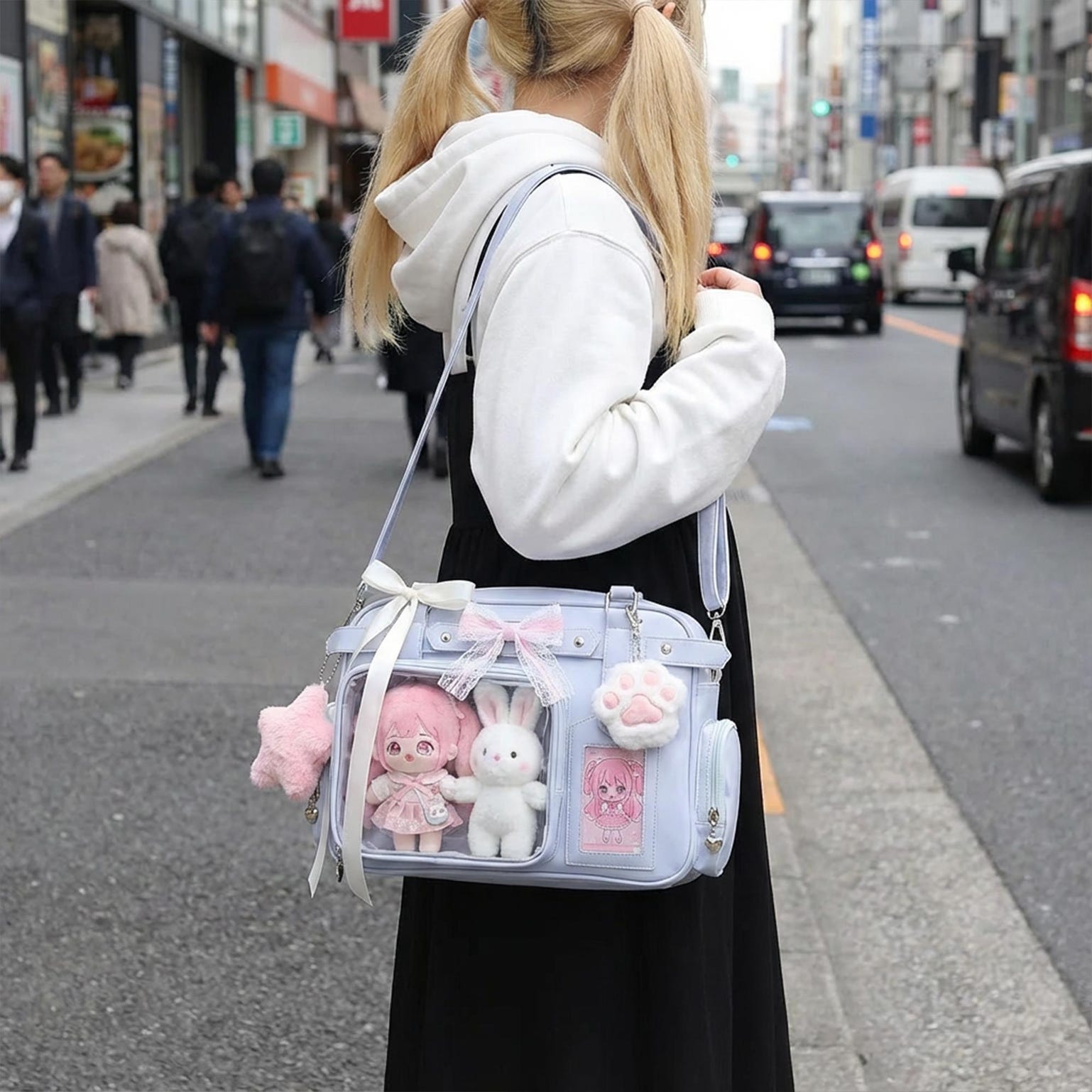 Convertible Ita Bag with Clear Window for Plushies and Pins Convertible Ita Bag with Clear Window for Plushies and Pins — ita bag detail view