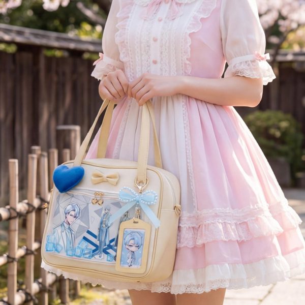 Cream Kawaii Ita Tote Bag with Clear Window for Plushies and Pins — ita tote bag detail view