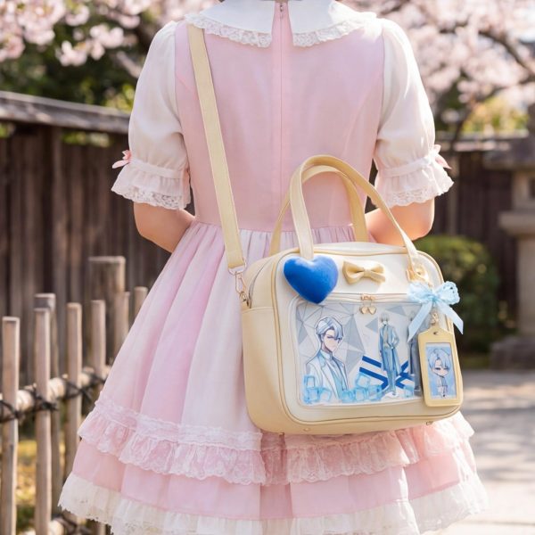 Cream Kawaii Ita Tote Bag with Clear Window for Plushies and Pins — ita tote bag detail view