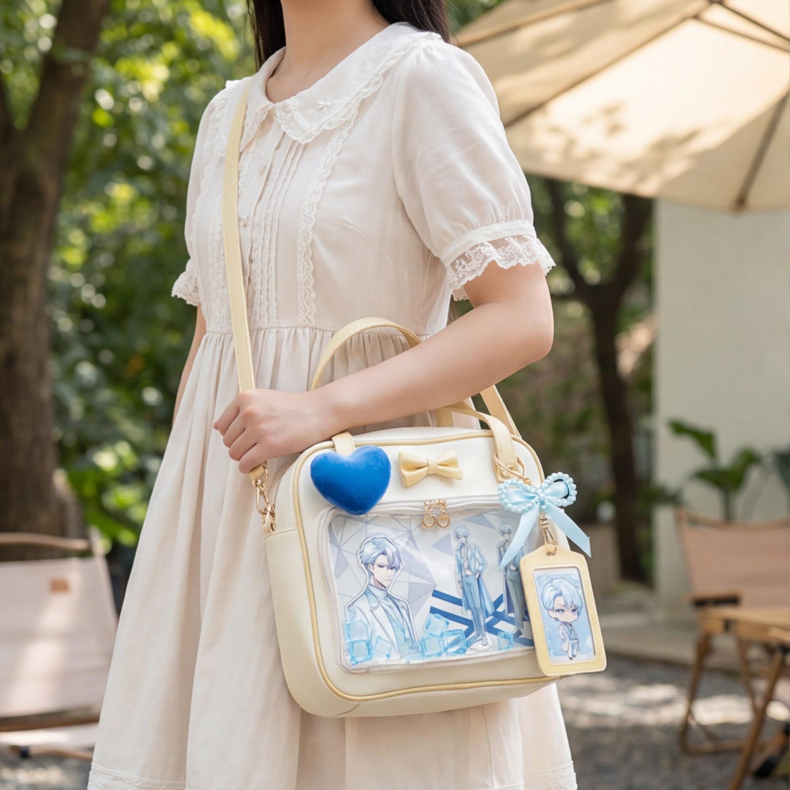 Cream Kawaii Ita Tote Bag with Clear Window for Plushies and Pins Cream Kawaii Ita Tote Bag with Clear Window for Plushies and Pins — ita tote bag detail view