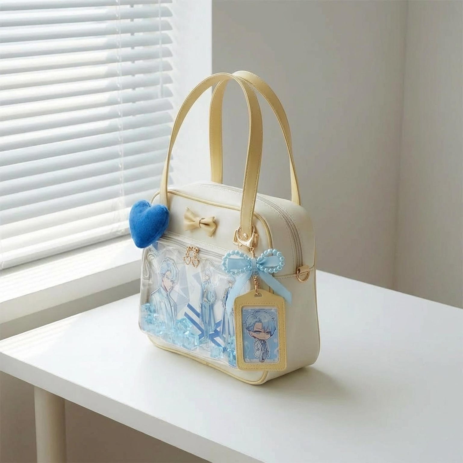Cream Kawaii Ita Tote Bag with Clear Window for Plushies and Pins Cream Kawaii Ita Tote Bag with Clear Window for Plushies and Pins — ita tote bag detail view