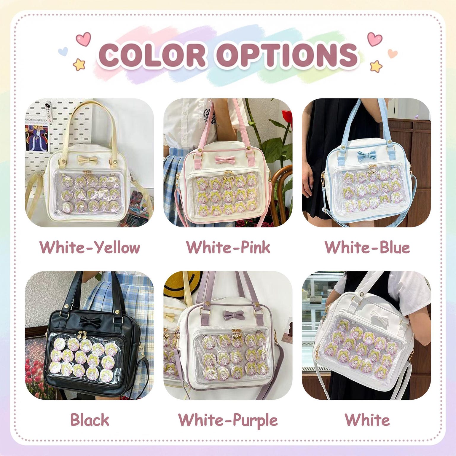 Cream Kawaii Ita Tote Bag with Clear Window for Plushies and Pins Cream Kawaii Ita Tote Bag with Clear Window for Plushies and Pins — ita tote bag detail view