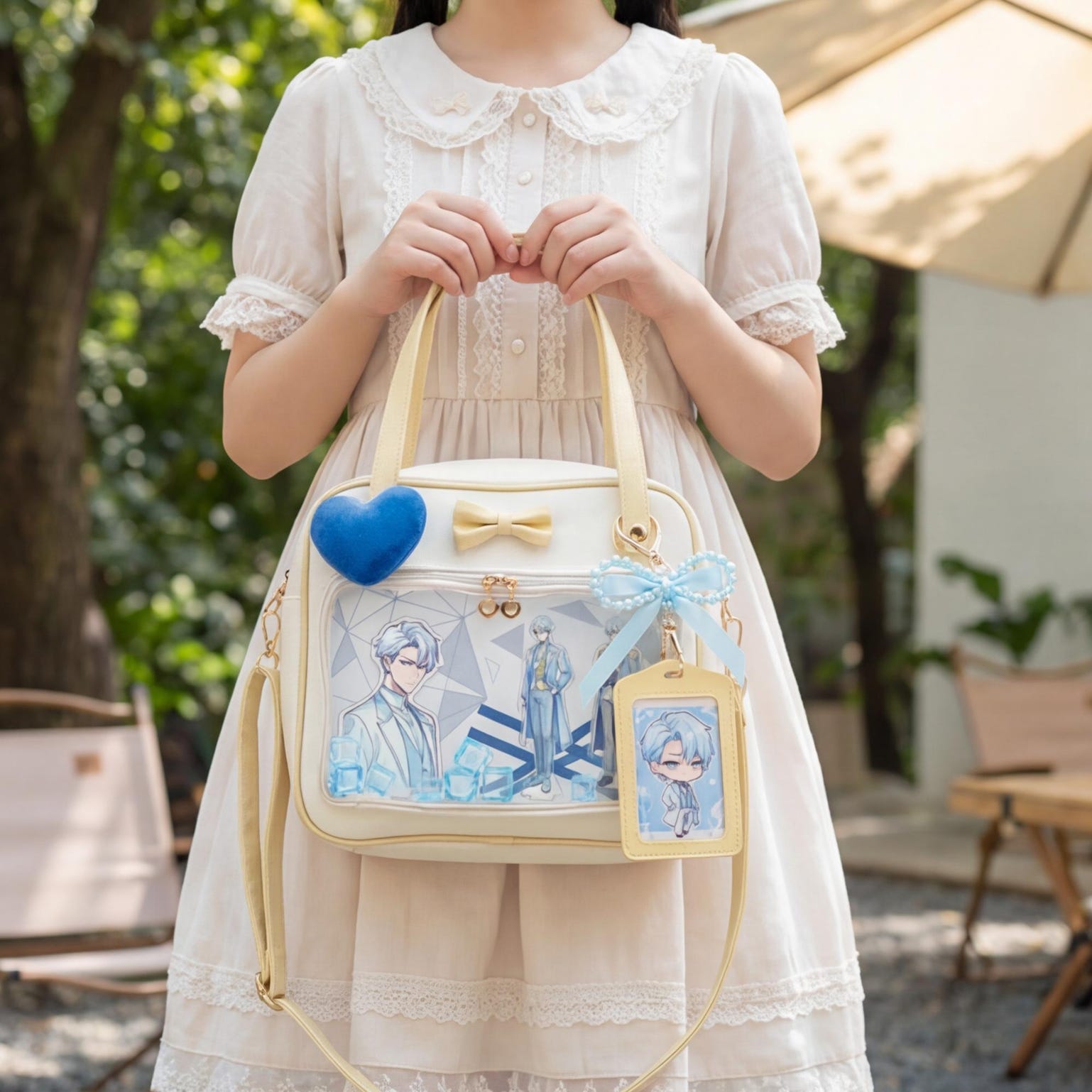 Cream Kawaii Ita Tote Bag with Clear Window for Plushies and Pins Cream Kawaii Ita Tote Bag with Clear Window for Plushies and Pins — ita tote bag detail view