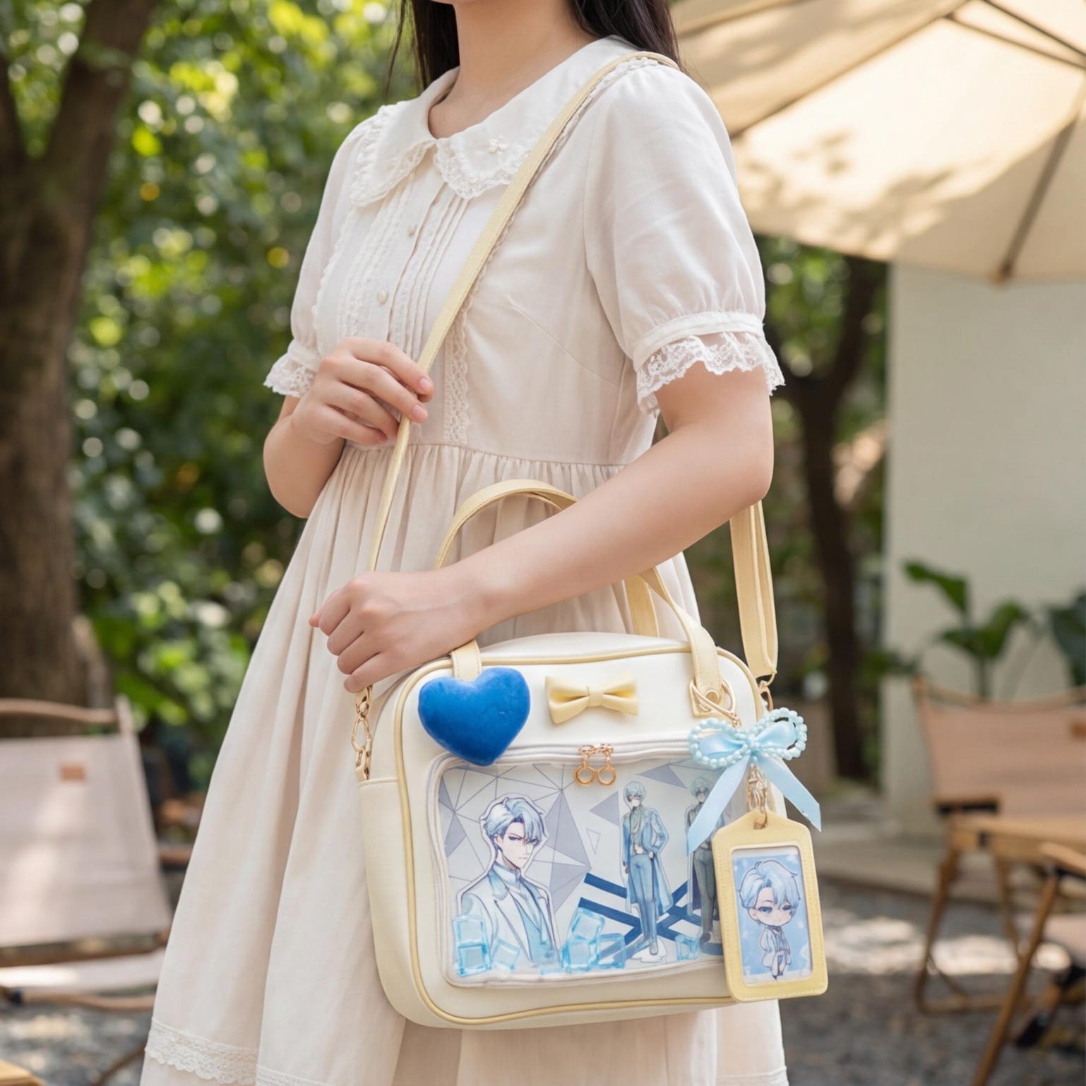 Cream Kawaii Ita Tote Bag with Clear Window for Plushies and Pins Cream Kawaii Ita Tote Bag with Clear Window for Plushies and Pins — ita tote bag detail view