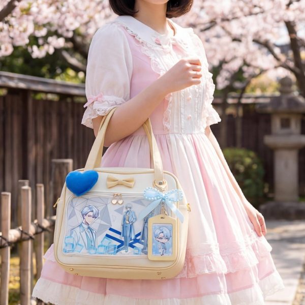 Cream Kawaii Ita Tote Bag with Clear Window for Plushies and Pins — ita tote bag detail view