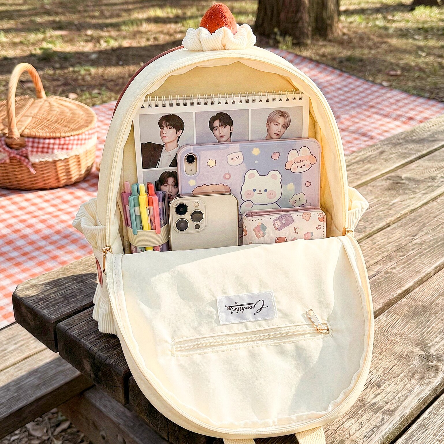 Cream Lace Strawberry Ita Backpack with Clear Window for Plushies and Pins Cream Lace Strawberry Ita Backpack with Clear Window for Plushies and Pins — ita backpack detail view