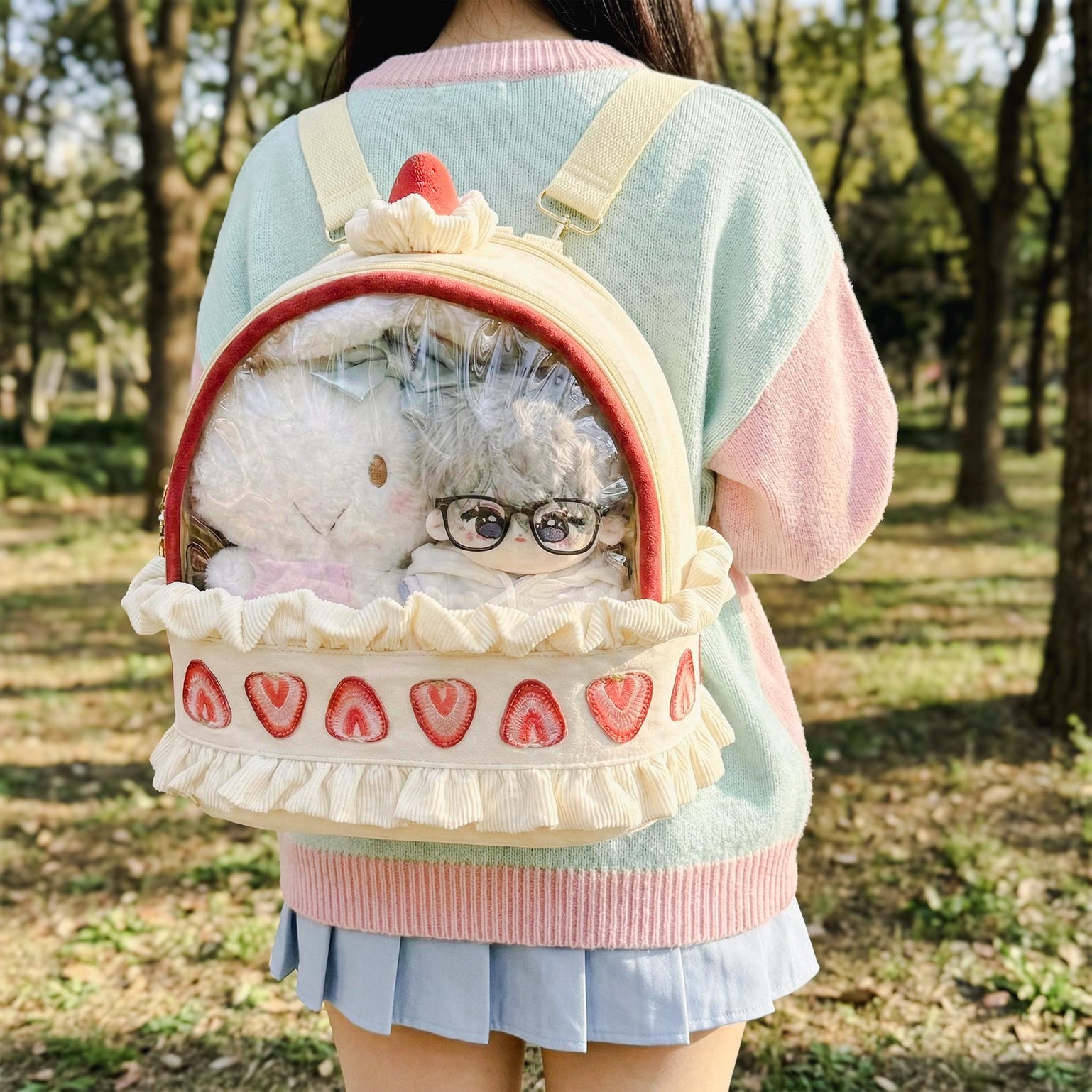 Cream Lace Strawberry Ita Backpack with Clear Window for Plushies and Pins Cream Lace Strawberry Ita Backpack with Clear Window for Plushies and Pins — ita backpack detail view