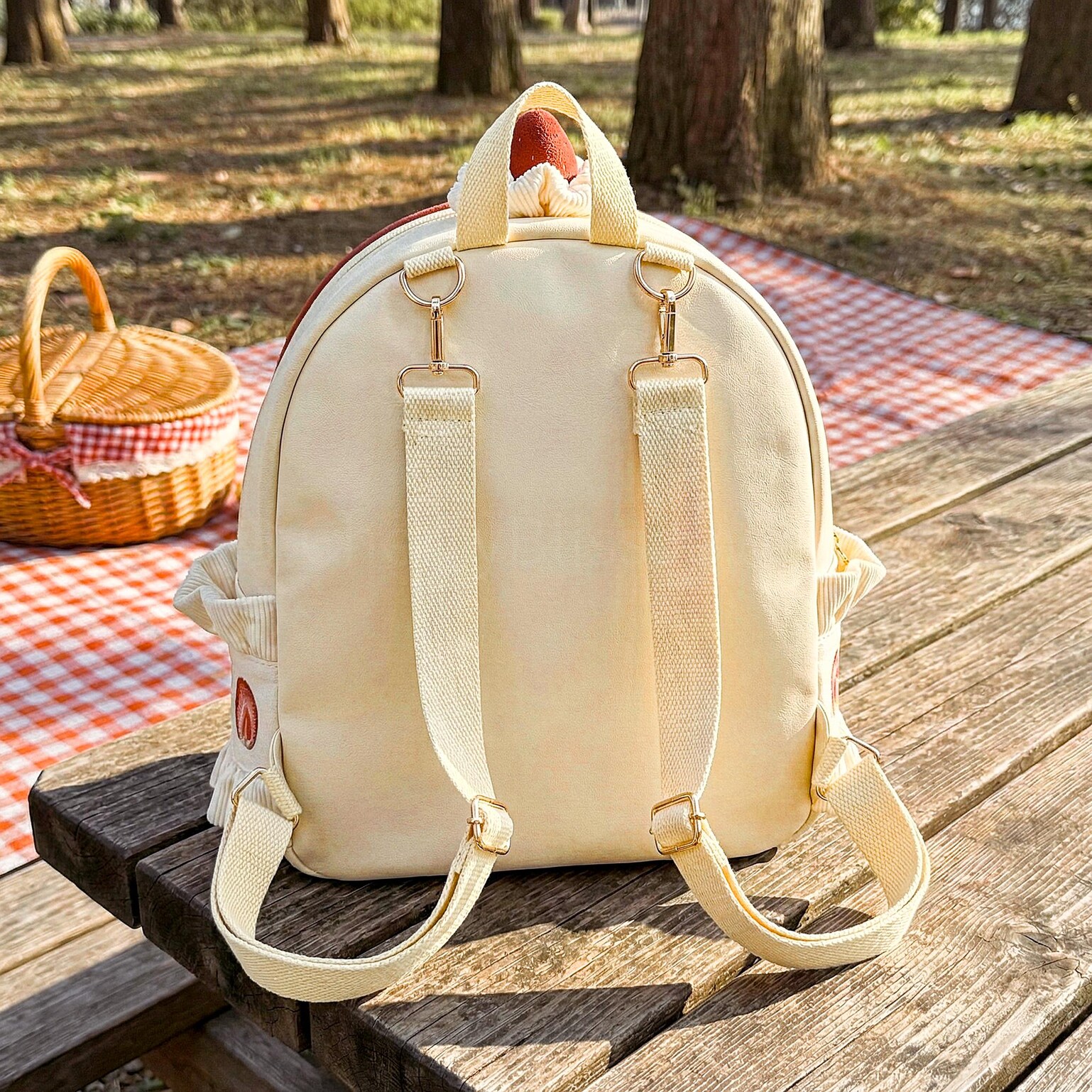 Cream Lace Strawberry Ita Backpack with Clear Window for Plushies and Pins Cream Lace Strawberry Ita Backpack with Clear Window for Plushies and Pins — ita backpack detail view