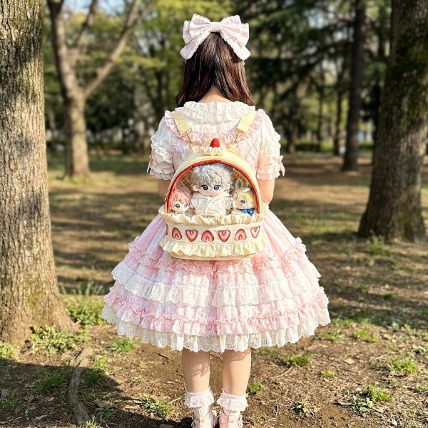 Cream Lace Strawberry Ita Backpack with Clear Window for Plushies and Pins — ita backpack detail view