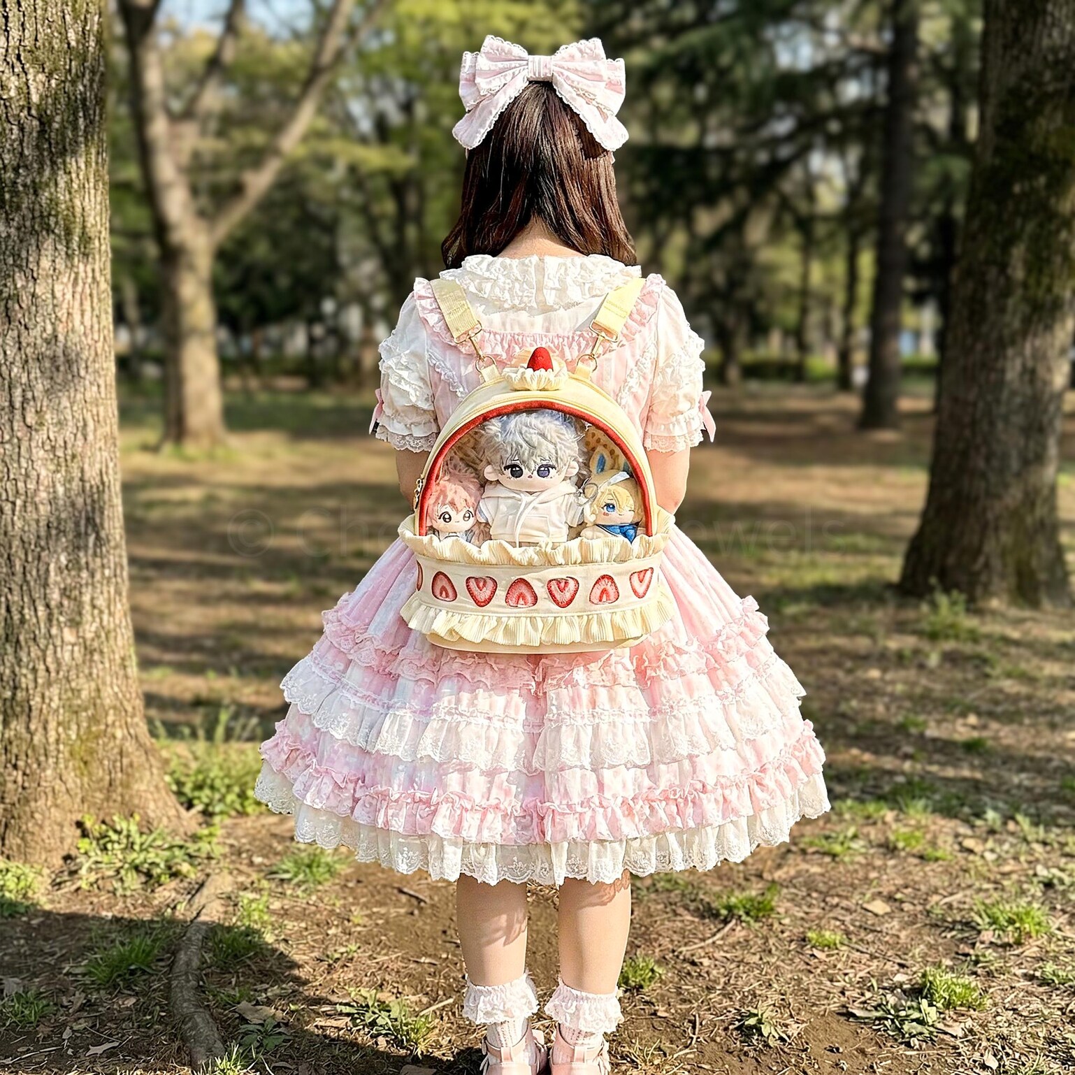 Cream Lace Strawberry Ita Backpack with Clear Window for Plushies and Pins Cream Lace Strawberry Ita Backpack with Clear Window for Plushies and Pins — ita backpack detail view