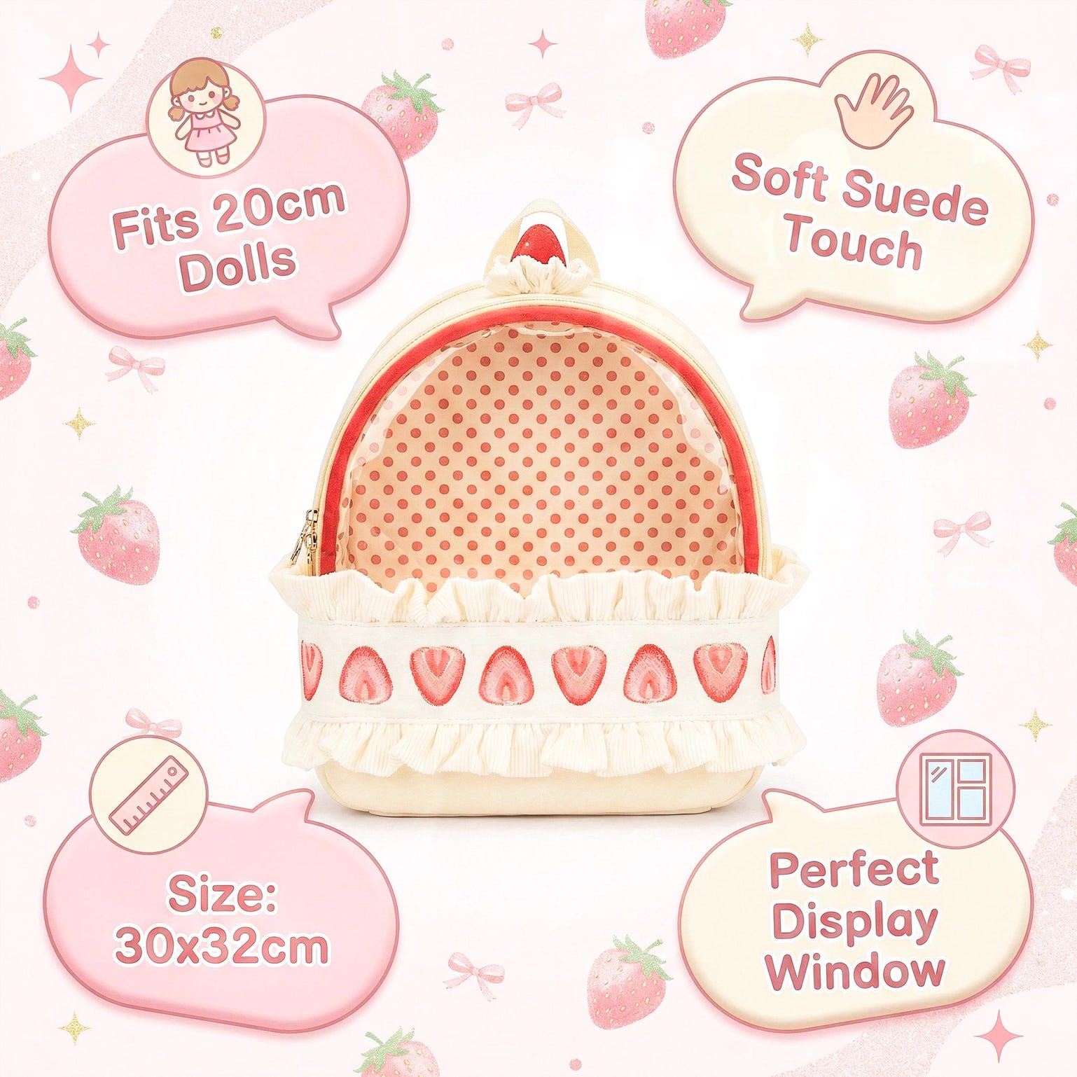 Cream Lace Strawberry Ita Backpack with Clear Window for Plushies and Pins Cream Lace Strawberry Ita Backpack with Clear Window for Plushies and Pins — ita backpack detail view