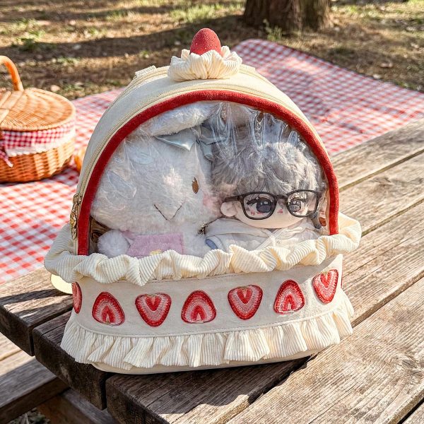Cream Lace Strawberry Ita Backpack with Clear Window for Plushies and Pins — ita backpack with clear display window