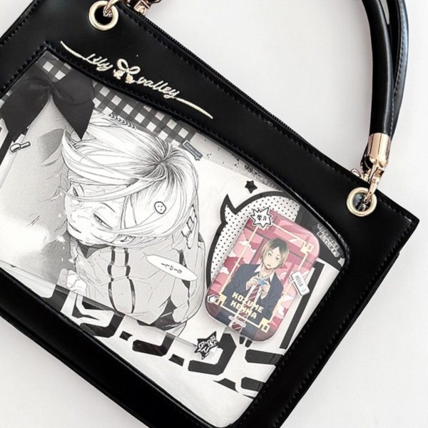 Gold Kawaii Ita Crossbody Bag with Clear Window for Pin Display — crossbody ita bag detail view
