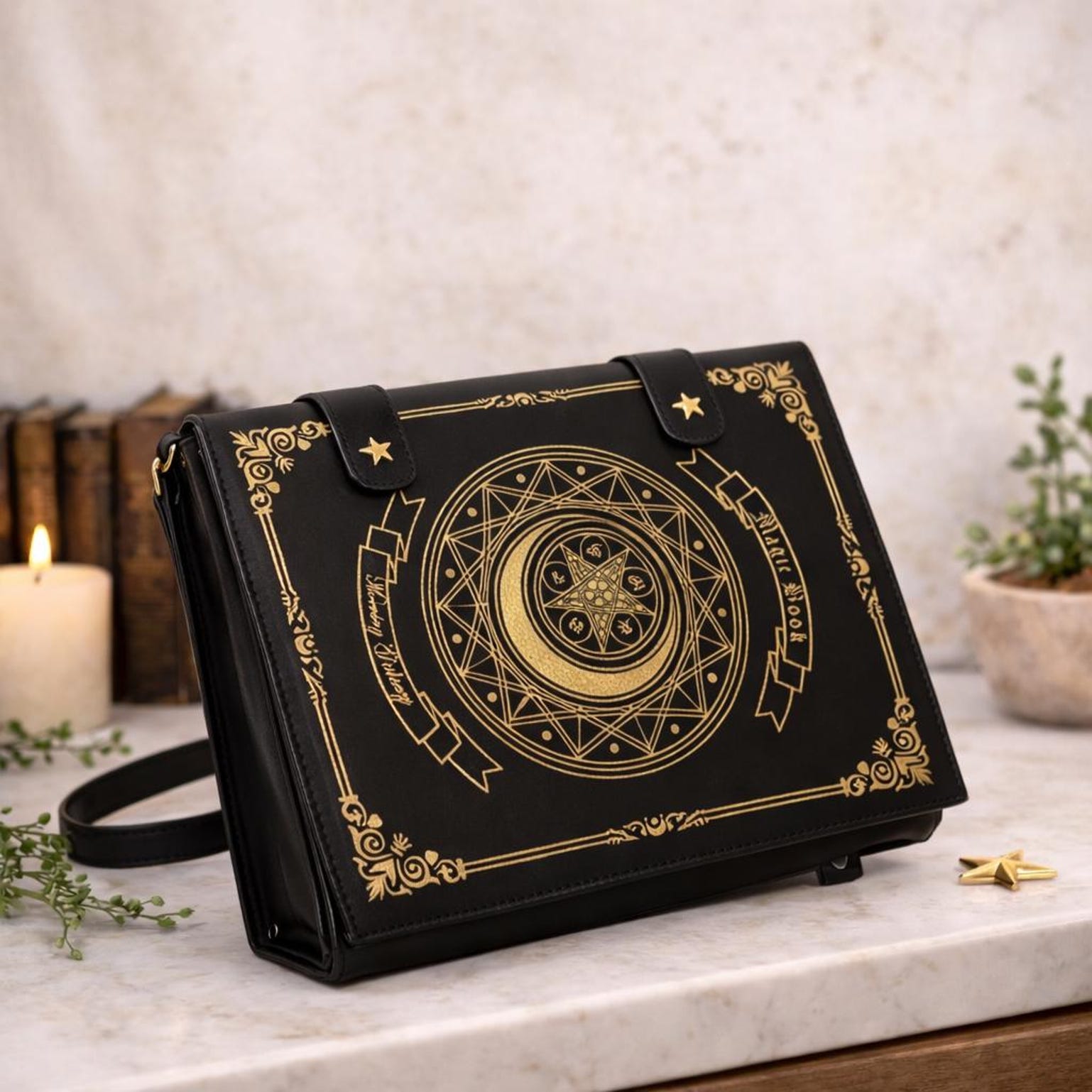 Gold Star Book Ita Shoulder Bag with Clear Window for Photocards and Pins Gold Star Book Ita Shoulder Bag with Clear Window for Photocards and Pins — crossbody ita bag detail view