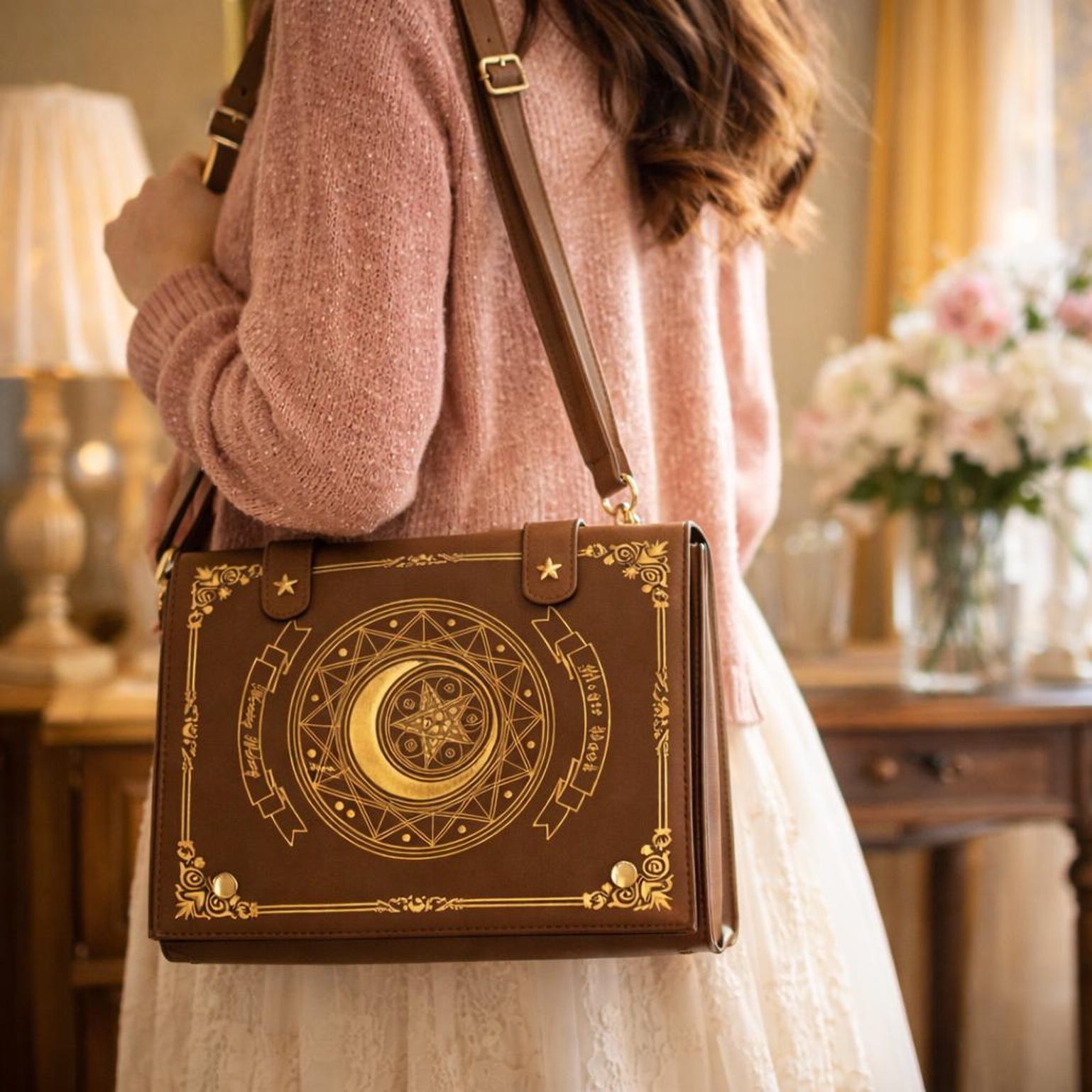 Gold Star Book Ita Shoulder Bag with Clear Window for Photocards and Pins Gold Star Book Ita Shoulder Bag with Clear Window for Photocards and Pins — crossbody ita bag detail view