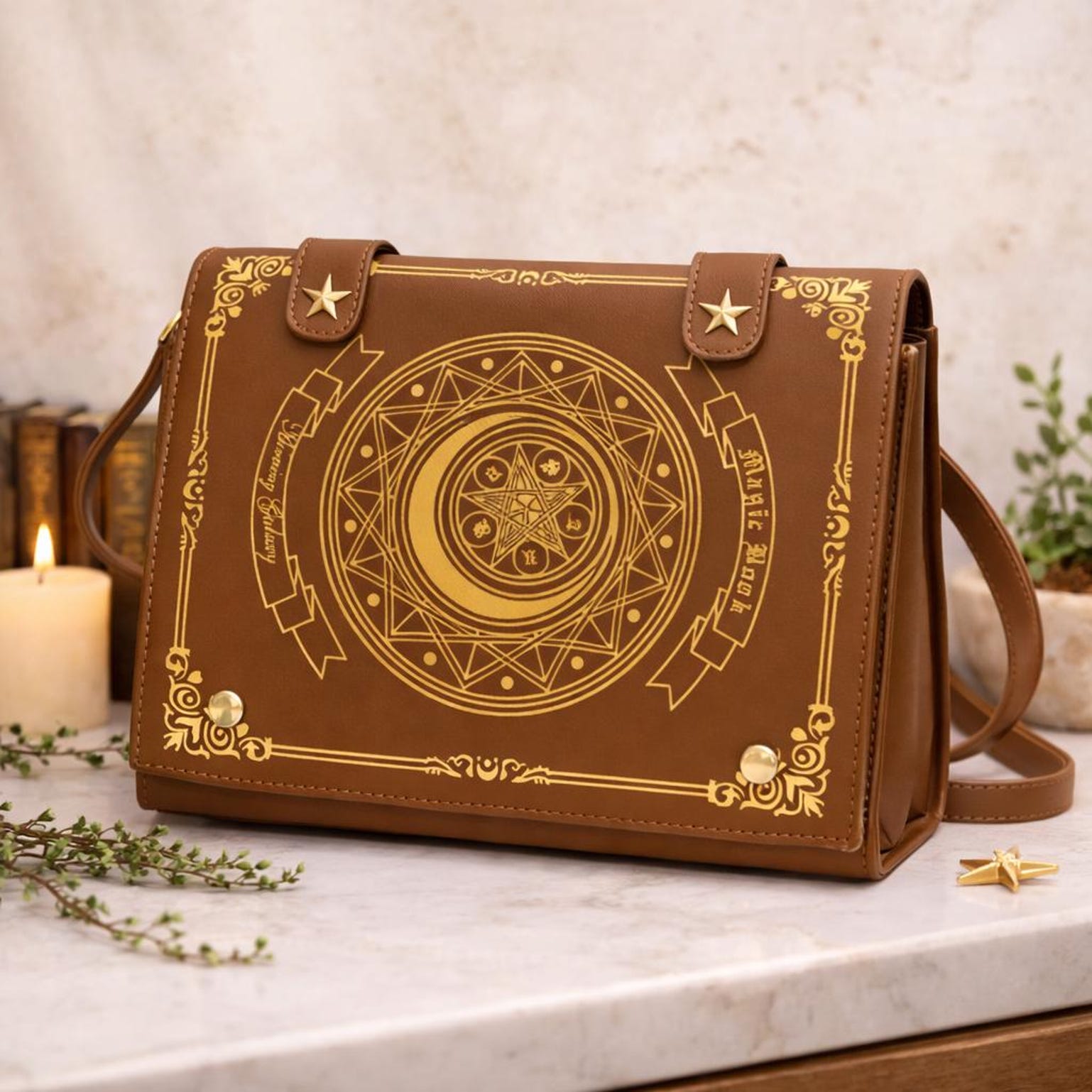 Gold Star Book Ita Shoulder Bag with Clear Window for Photocards and Pins Gold Star Book Ita Shoulder Bag with Clear Window for Photocards and Pins — crossbody ita bag detail view