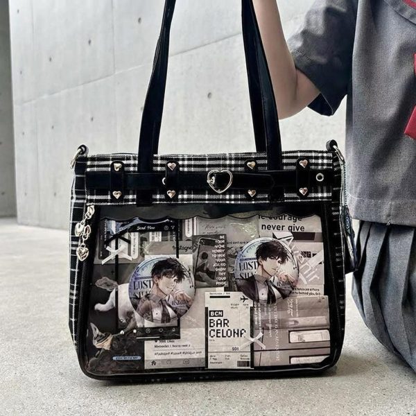 Gothic Plaid Ita Shoulder Bag with Clear Window for Pin Display — crossbody ita bag detail view