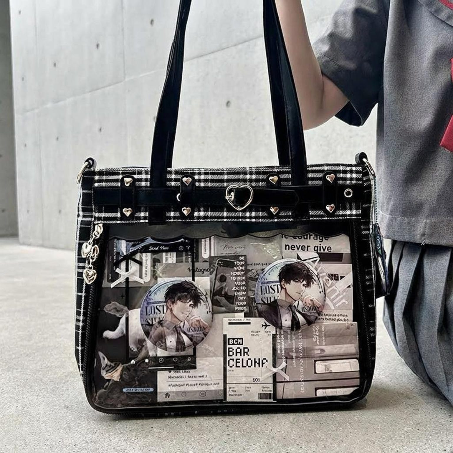 Gothic Plaid Ita Shoulder Bag with Clear Window for Pin Display Gothic Plaid Ita Shoulder Bag with Clear Window for Pin Display — crossbody ita bag detail view
