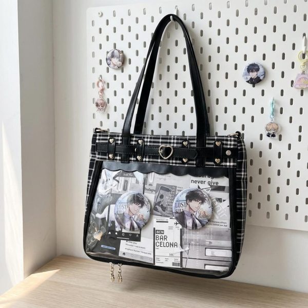 Gothic Plaid Ita Shoulder Bag with Clear Window for Pin Display — crossbody ita bag detail view