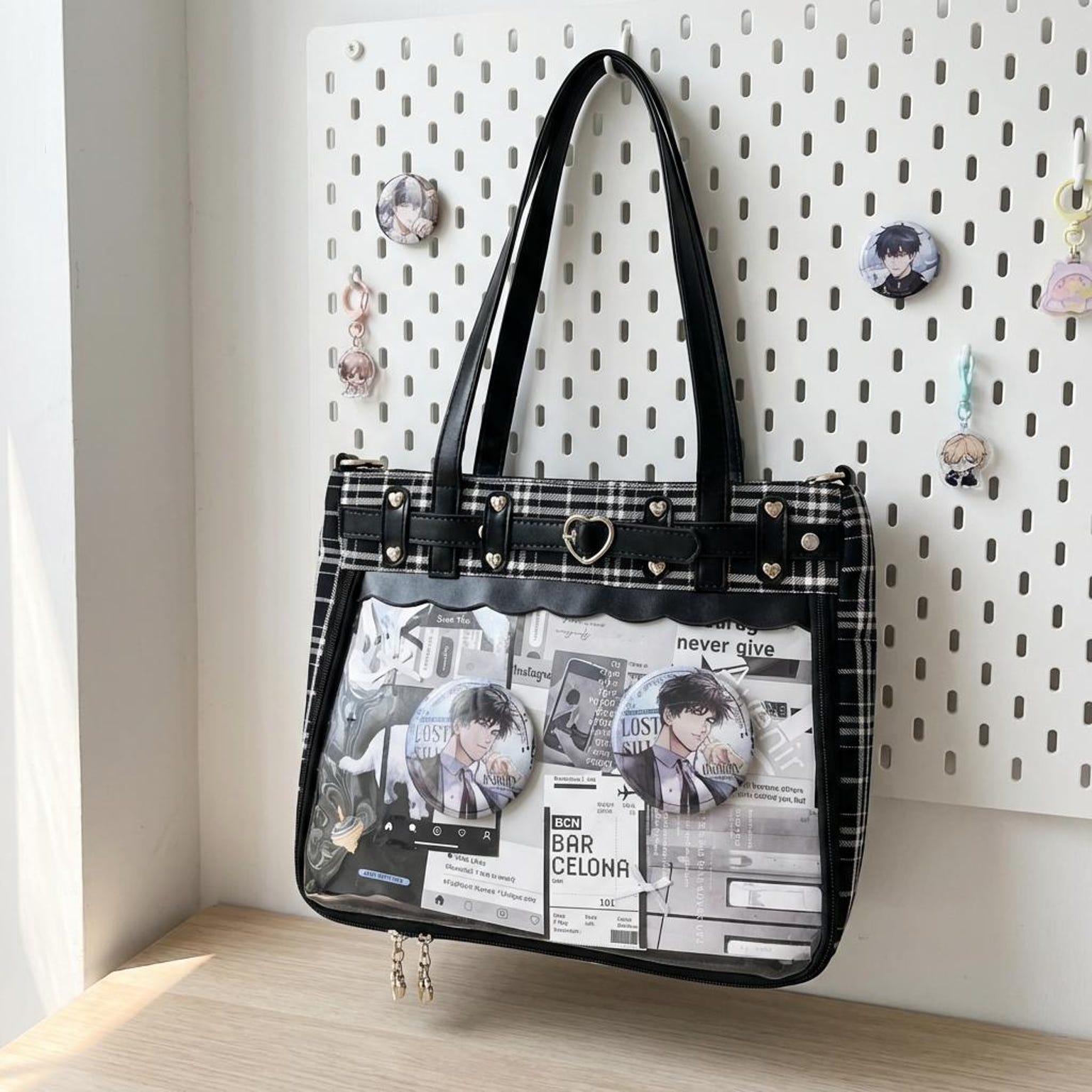 Gothic Plaid Ita Shoulder Bag with Clear Window for Pin Display Gothic Plaid Ita Shoulder Bag with Clear Window for Pin Display — crossbody ita bag detail view