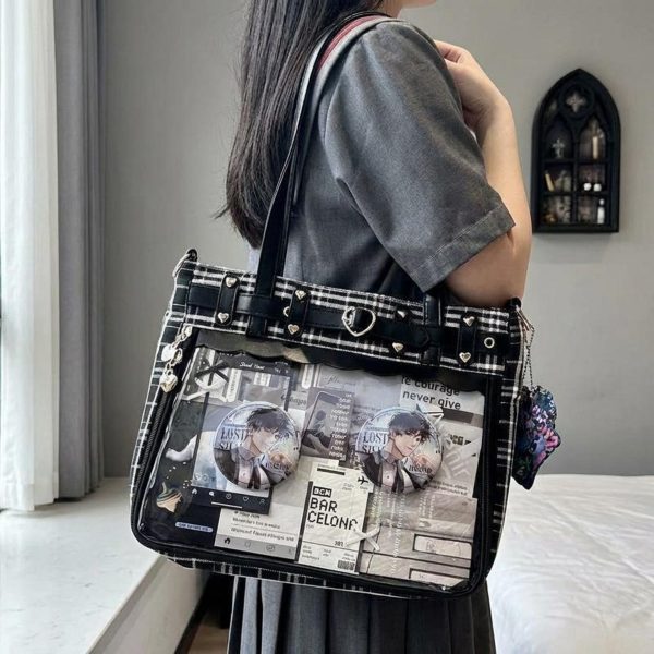Gothic Plaid Ita Shoulder Bag with Clear Window for Pin Display — crossbody ita bag detail view