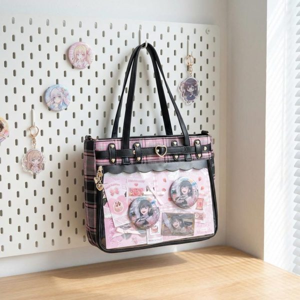 Gothic Plaid Ita Shoulder Bag with Clear Window for Pin Display — crossbody ita bag detail view