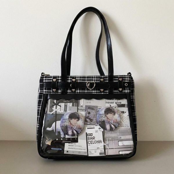 Gothic Plaid Ita Shoulder Bag with Clear Window for Pin Display — crossbody ita bag detail view